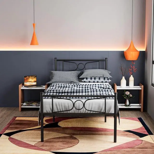 Matte Black Bed Frame with Geometric Circle Motif Headboard