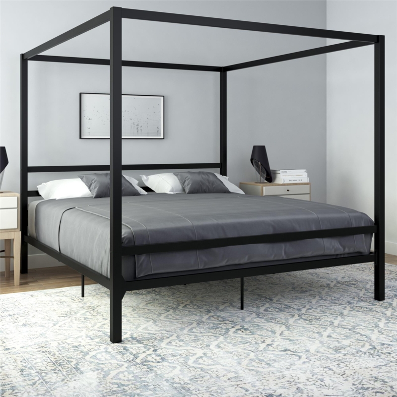 Matte Black Canopy Bed Slim Profile Platform Base Industrial (69 characters)