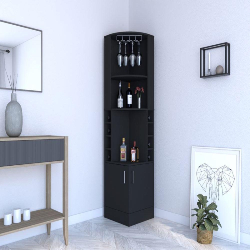 Matte Black Corner Bar Cabinet with Side Bottle Cubbies