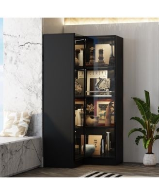 Matte Black Corner Bookcase Integrated LED Glass Doors Modern