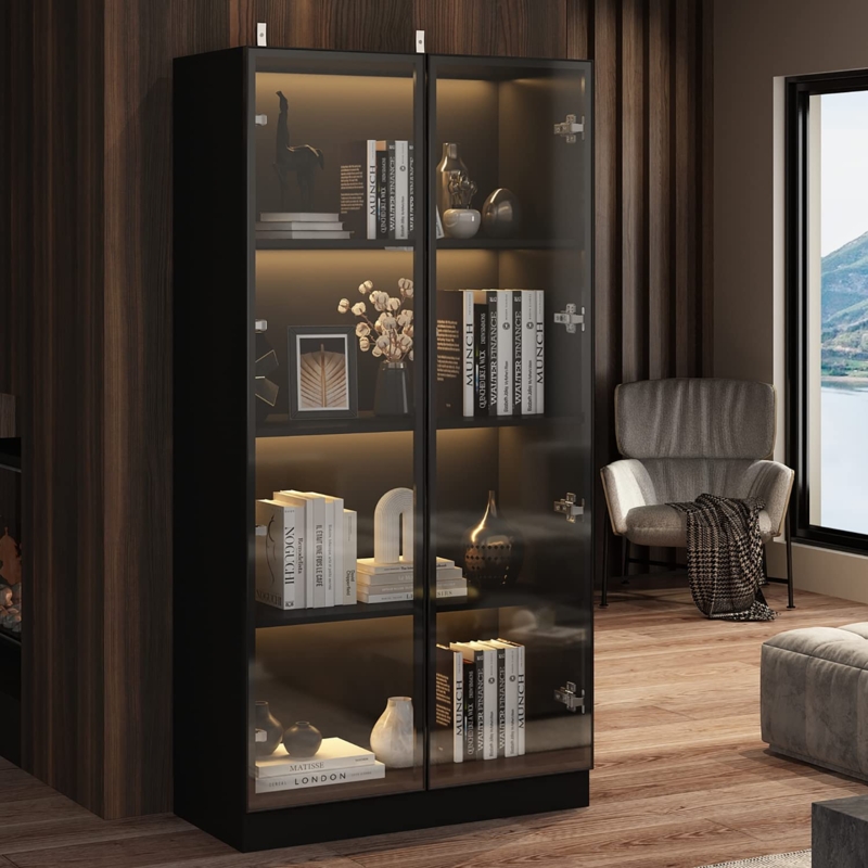 Matte Black Display Cabinet with Tinted Glass and LED Lighting
