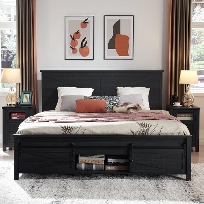 Matte Black Farmhouse Storage Bed with Sliding Barn Door Footboard