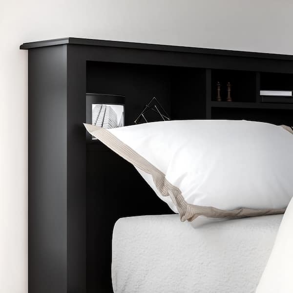 Matte Black Headboard with Integrated Storage Shelving and Cubbies