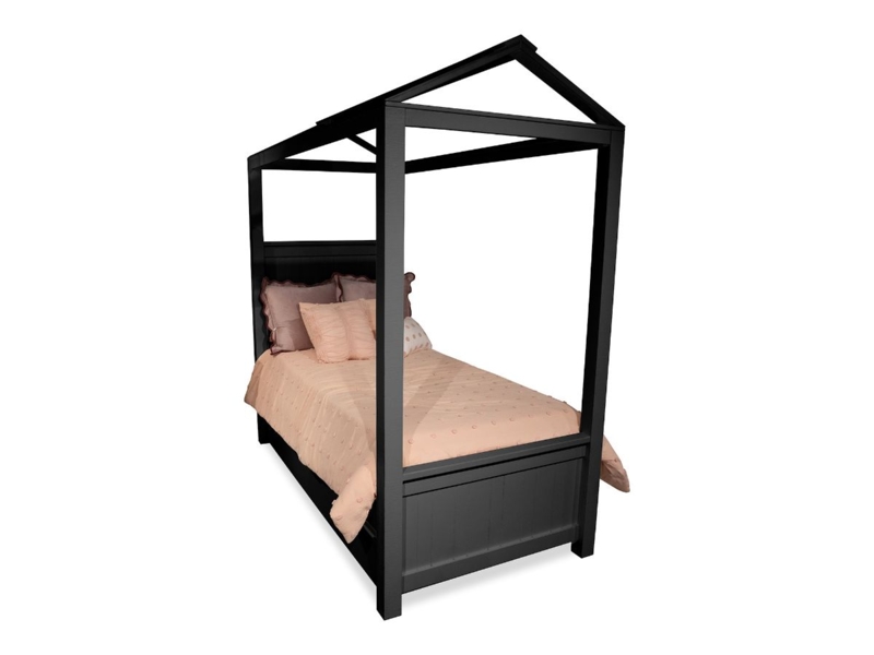 Matte Black House Canopy Bed with Gabled Roof and Paneled Base
