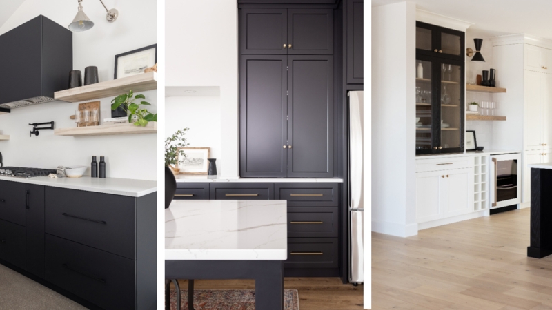 Matte Black Kitchen Cabinet Wood Floating Shelves Contrast