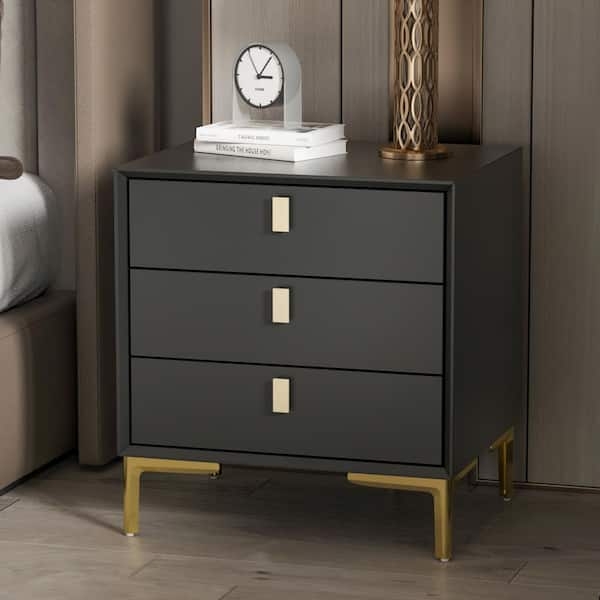 Matte Black Nightstand, Three Drawers, Gold Hardware, Bracket Legs