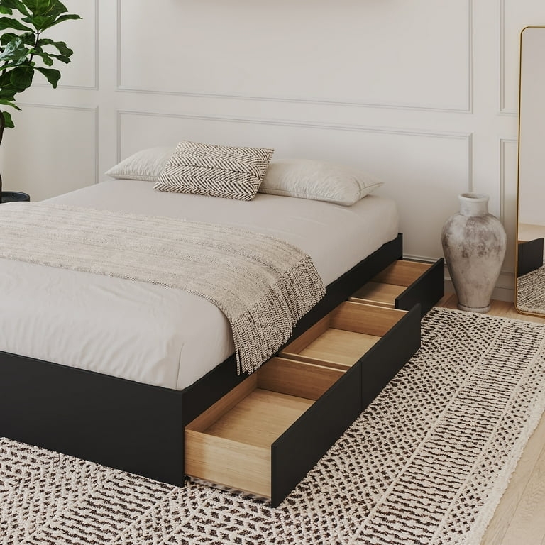 Matte Black Storage Bed with Three Handleless Drawers