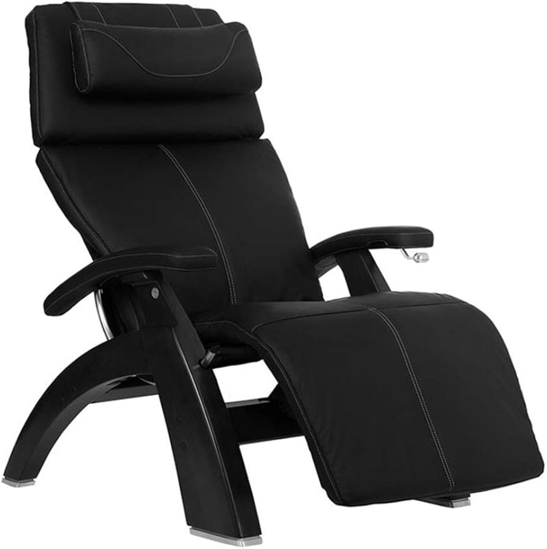 Matte Black Zero Gravity Recliner with Curved Wood Base and Stitching