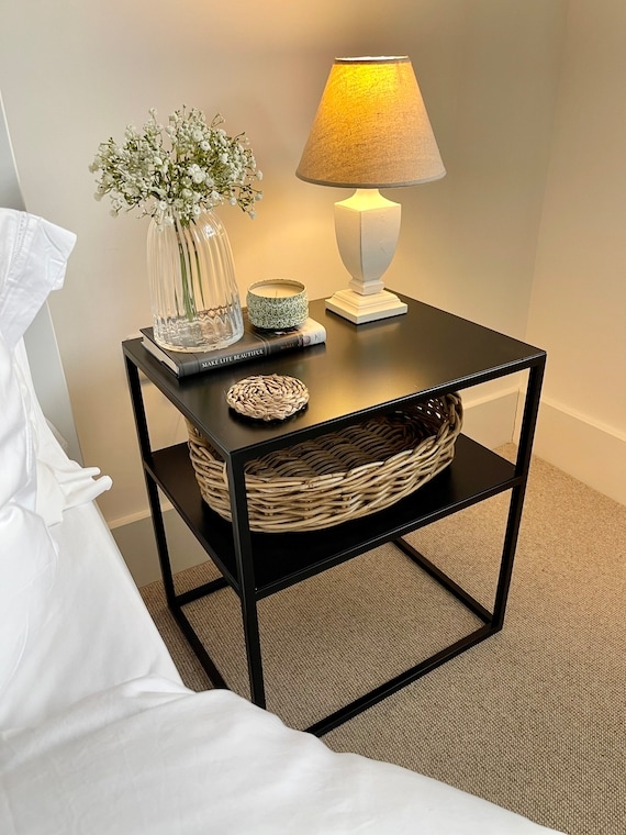 Matte Metal Nightstand, Two Tier Open Shelves, Slim Frame