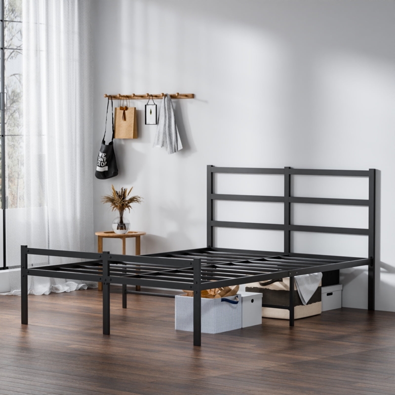 Matte Metal Platform Bed with Slatted Headboard