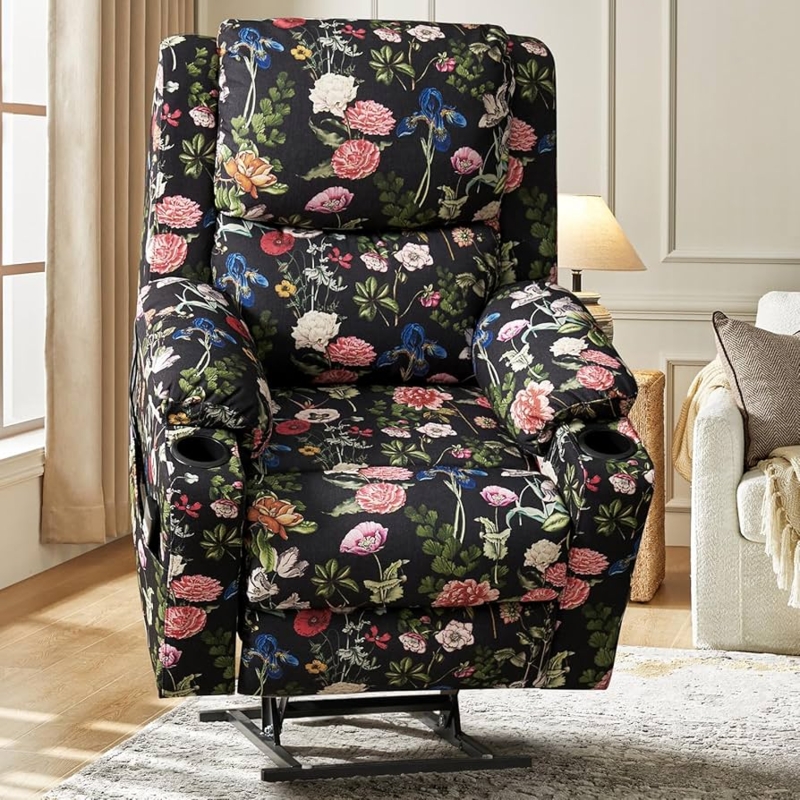 Maximalist Power Lift Chair with Vibrant Floral Pattern on Black