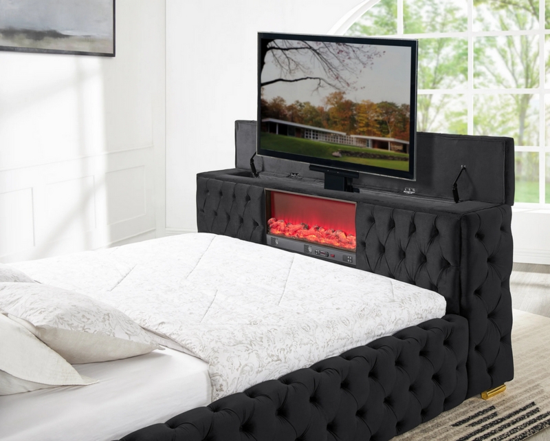 Media Platform Bed Black Velvet Pop Up TV Built In Fireplace