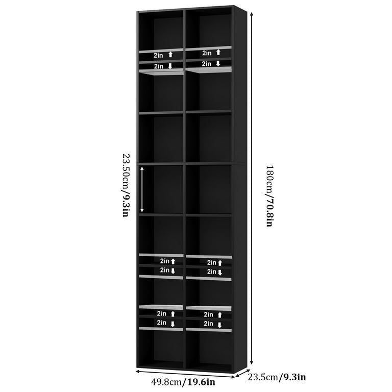 Media Storage Tower Double-Wide Tall Narrow Adjustable Shelving Black