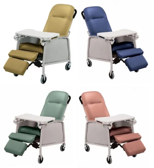 Medical Recliner Mobile Base Wood Toned Arms Blue Healthcare Chair