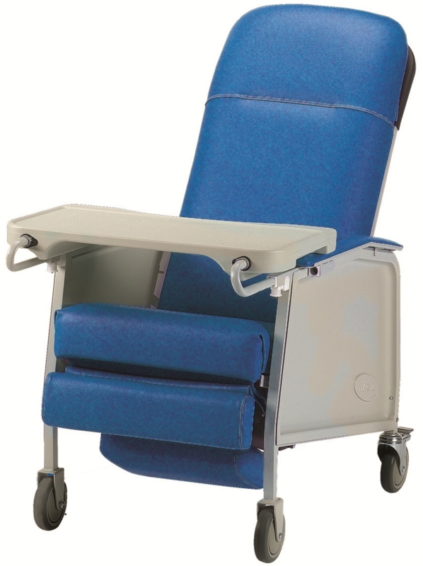 Medical Recliner Tray Table Locking Casters Blue Patient Chair
