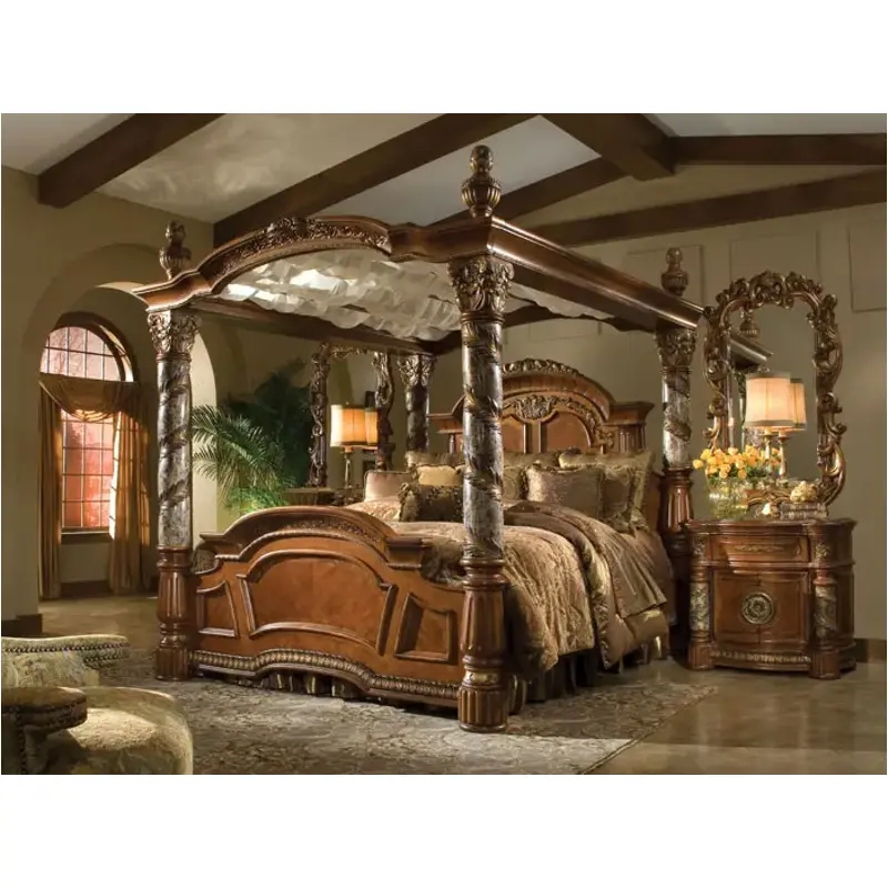 Mediterranean Canopy Bed with Marble Inlay Posts and Ornate Carvings