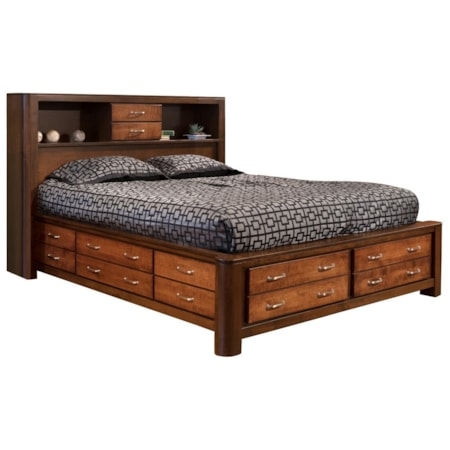 Medium Brown Queen Bookcase Bed with 3-Sided Storage Drawers
