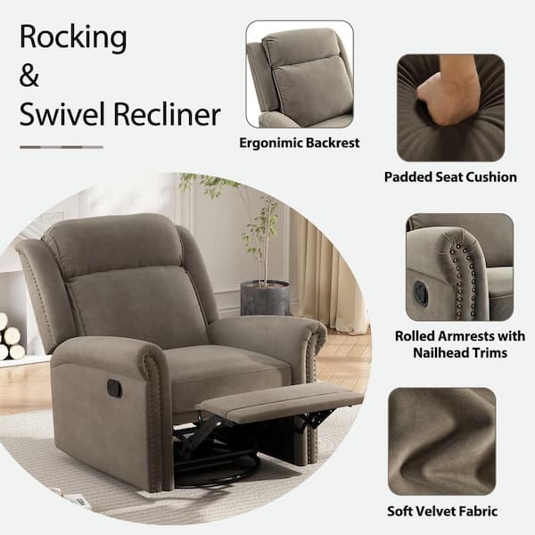 Merax Nailhead Light Brown Velvet Manual Rocking 360 Swivel Recliner Chair, VR Home Theater Recliner