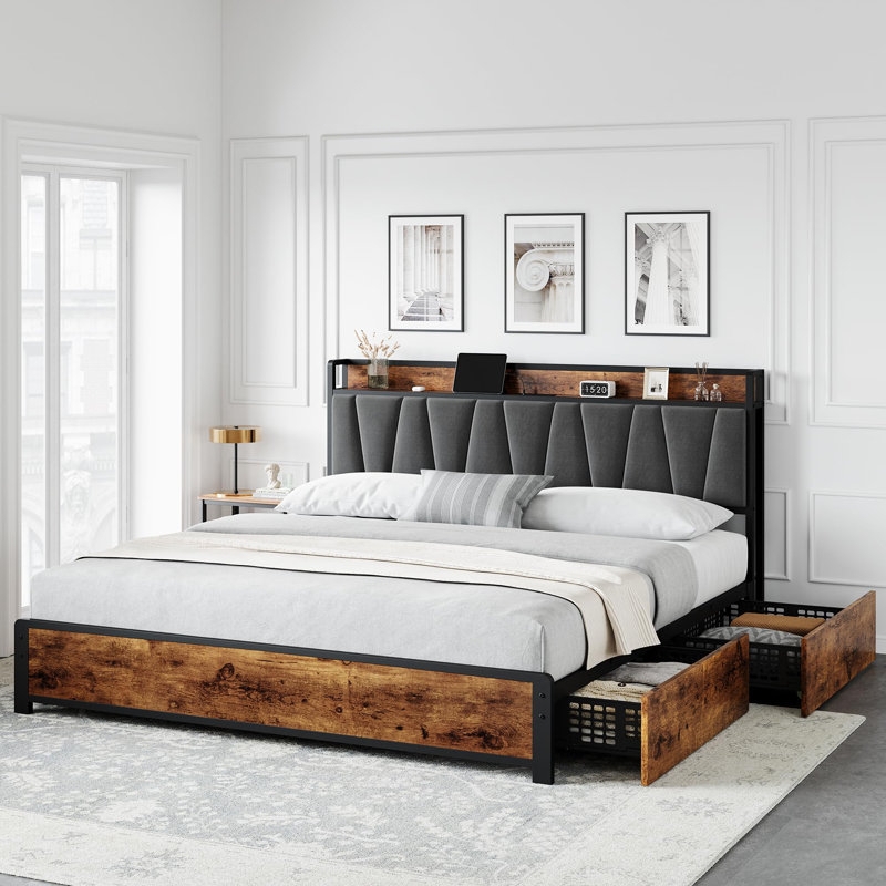 Metal and Wood Bed Frame with Storage Headboard and Integrated Charging