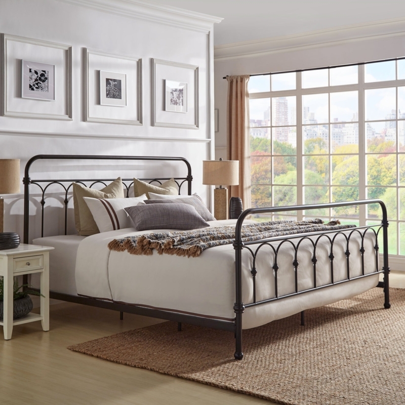 Metal Bed Dark Bronze Finish Casted Knot Details Arched Headboard