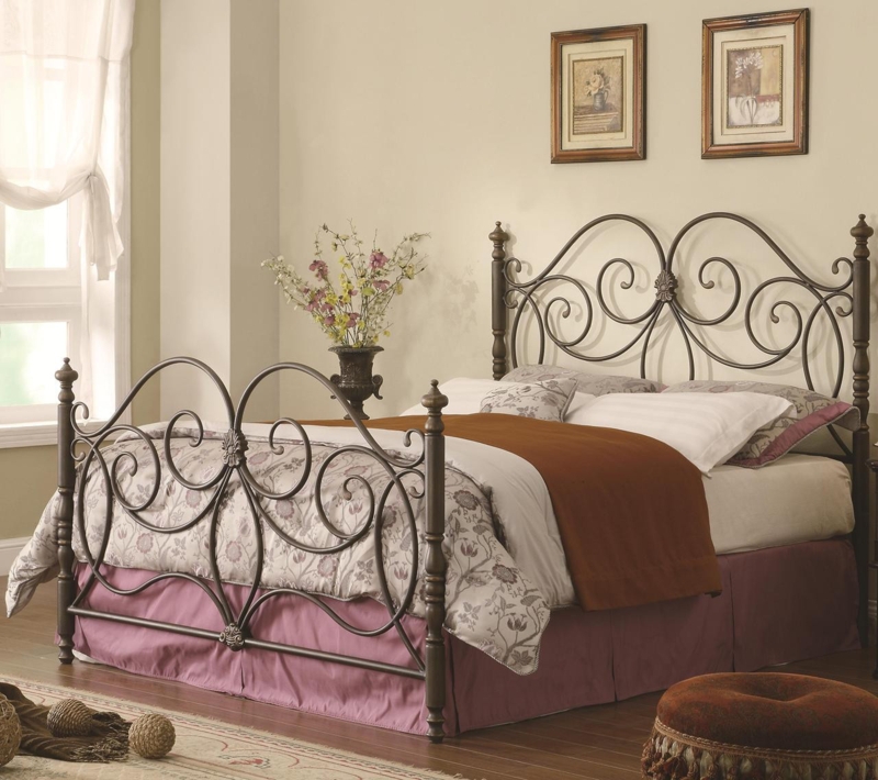 Metal Bed Dark Bronze Scrollwork Finial Posts Traditional Frame