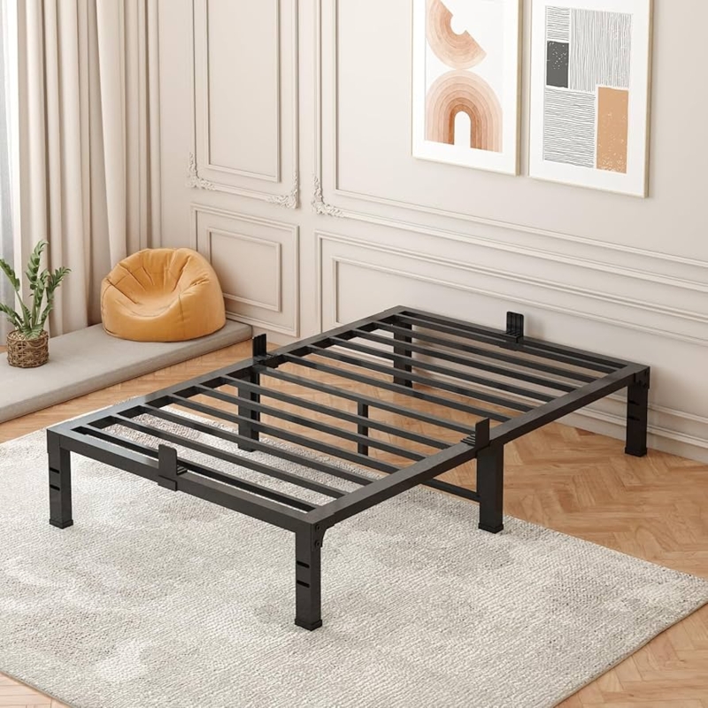 Metal Bed Frame Matte Black Recessed Mattress Cradle Heavy Duty Slats