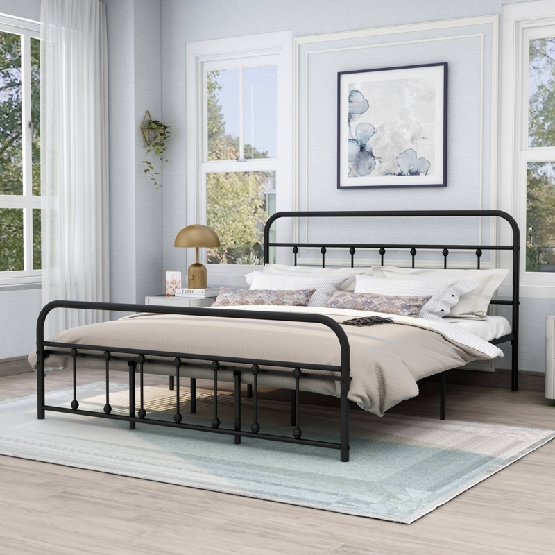 Metal Bed Frame Matte Black Spindles Ball Finials Heavy Duty Construction