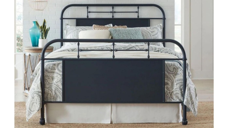 Metal Bed Navy Blue Finish Solid Inset Panel Vintage Spindle Design