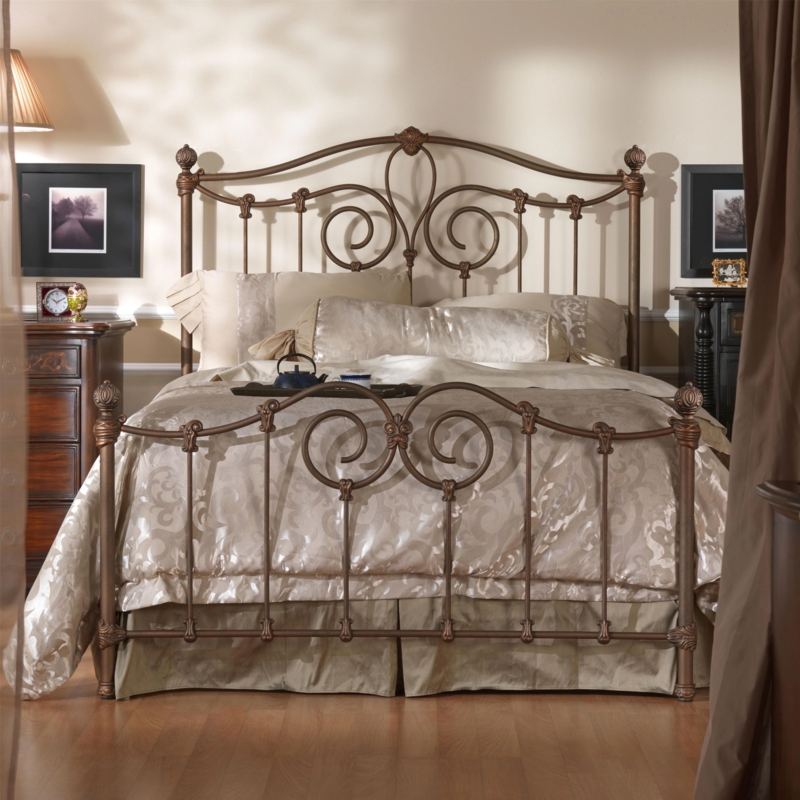 Metal Bed Ornate Bronze Scrollwork Traditional with Finials