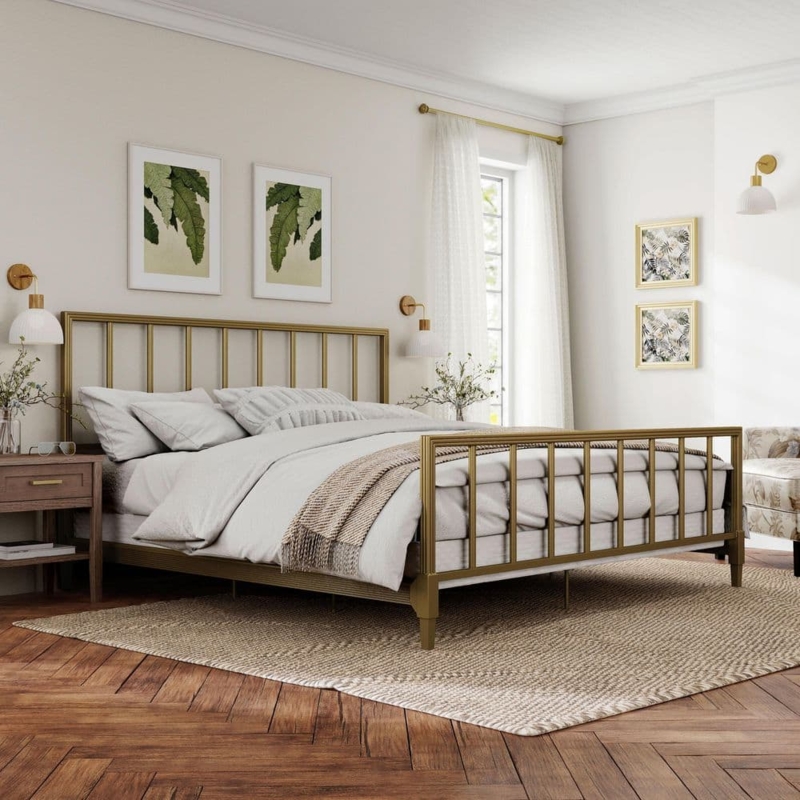 Metal Bed with Slatted Metal Design and Gold Finish