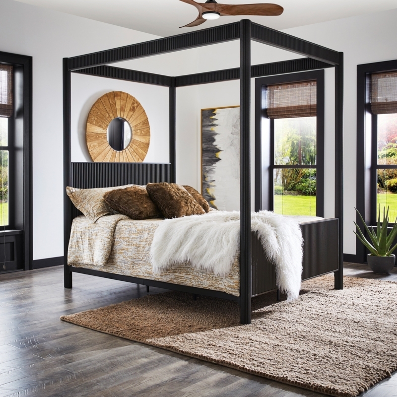 Metal Canopy Bed Ribbed Posts Transitional Style Matte Finish (70 characters)