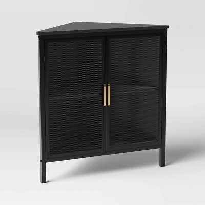 Metal Corner Cabinet with Mesh Doors and Gold Handles
