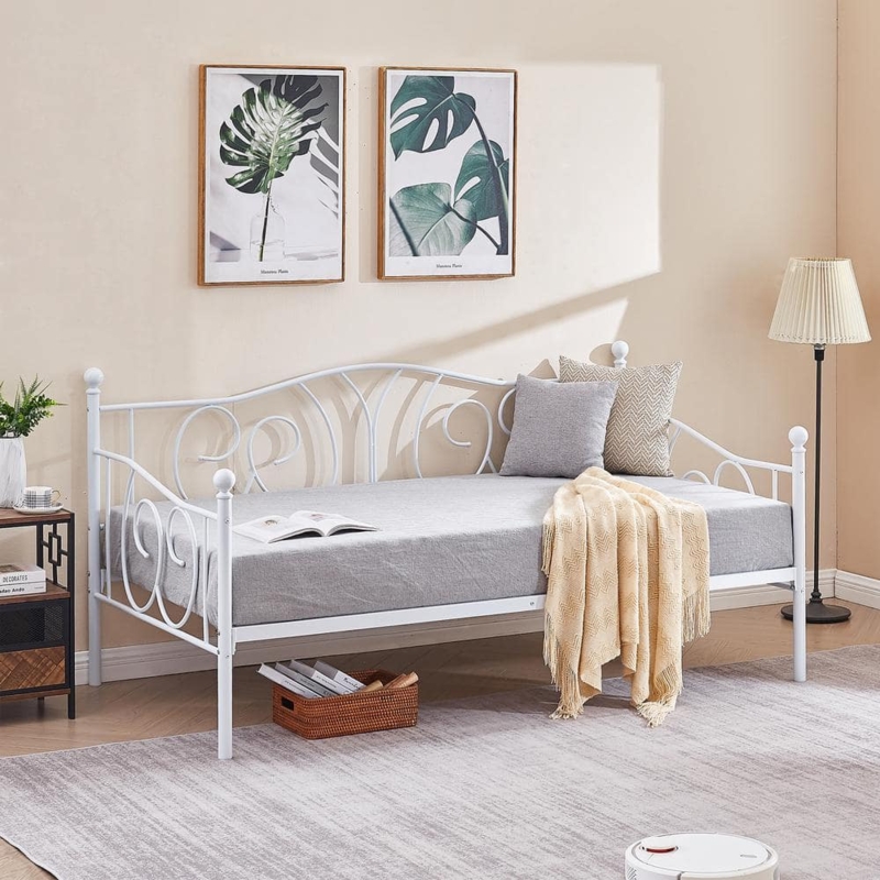 Metal Daybed Frame with Prominent Arched Scrollwork Backrest