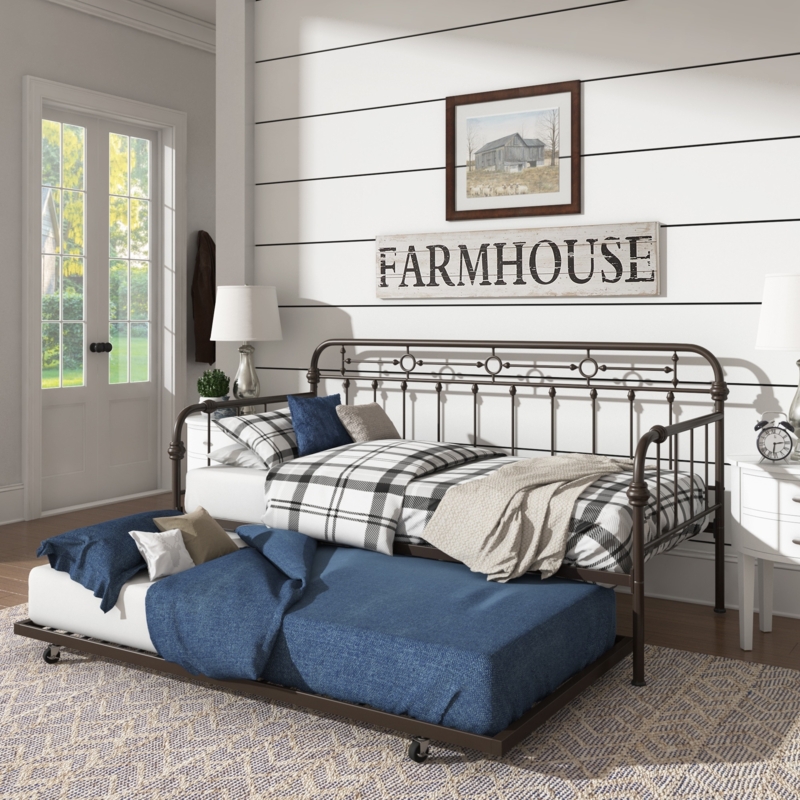 Metal Daybed with Trundle in Dark Bronze with Circular Spindles