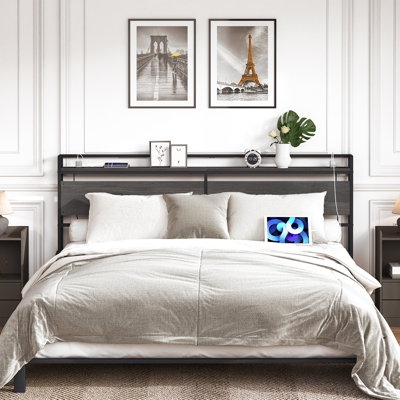 Metal Headboard with Integrated Shelf and Wood Toned Panels