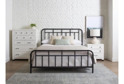 Metal Panel Bed with Geometric Grid Headboard, Low Profile Footboard