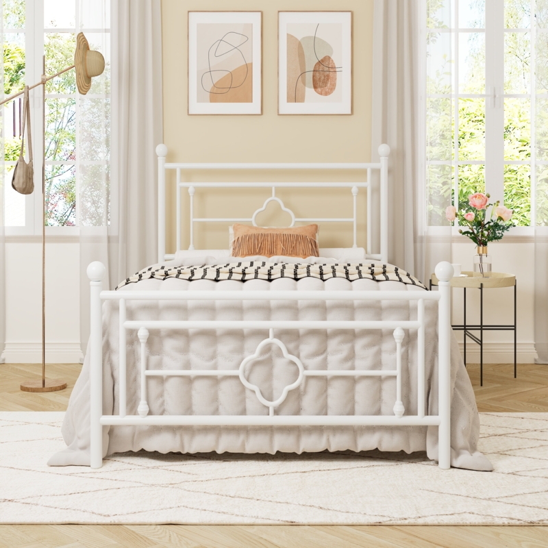 Metal Platform Bed Quatrefoil Motif Spherical Finials Vintage Style White