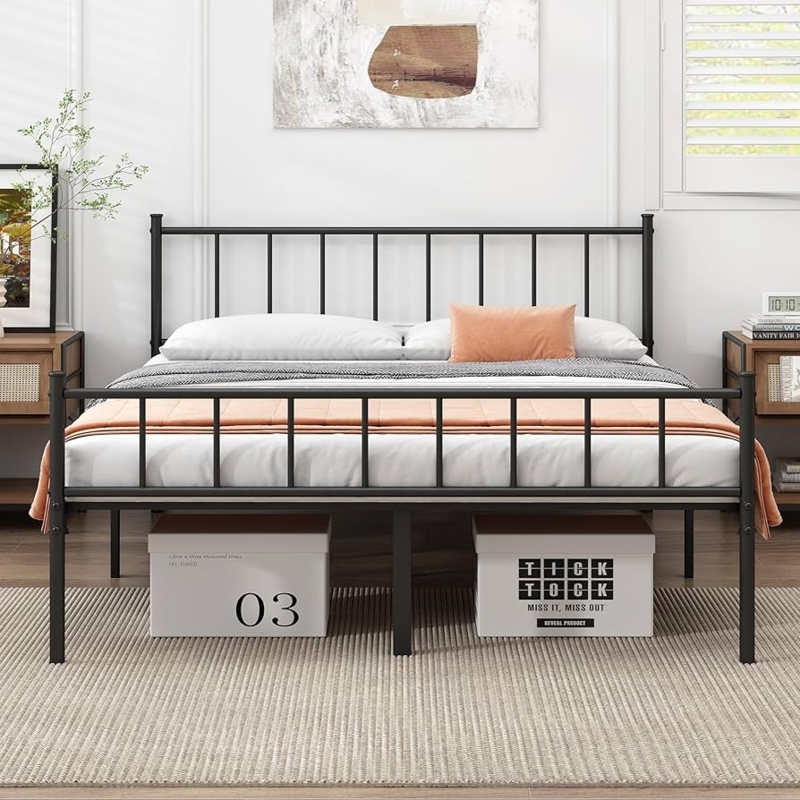 Metal Platform Bed with Slatted Headboard and Footboard