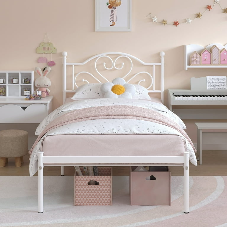 Metal Twin Bed Frame with Vintage Heart Scroll Headboard Design