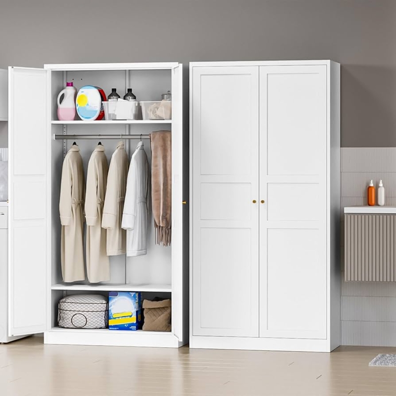 Metal Wardrobe Cabinet, Recessed Panels, Minimalist Storage.