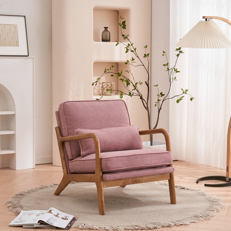 Mid-Century Accent Chair with Curved Wood Frame in Dusty Pink