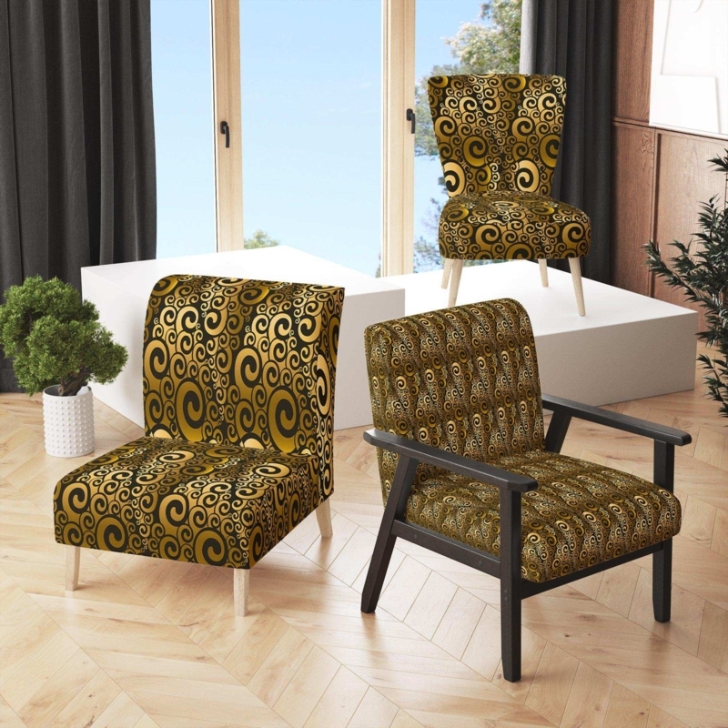 Mid-Century Accent Chairs featuring Bold Swirl Pattern and Splayed Legs