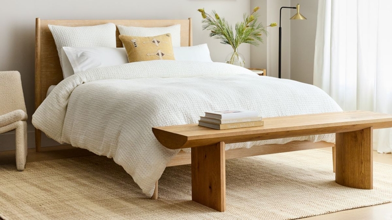 Mid-Century Bed Frame with Slatted Headboard & Tapered Legs