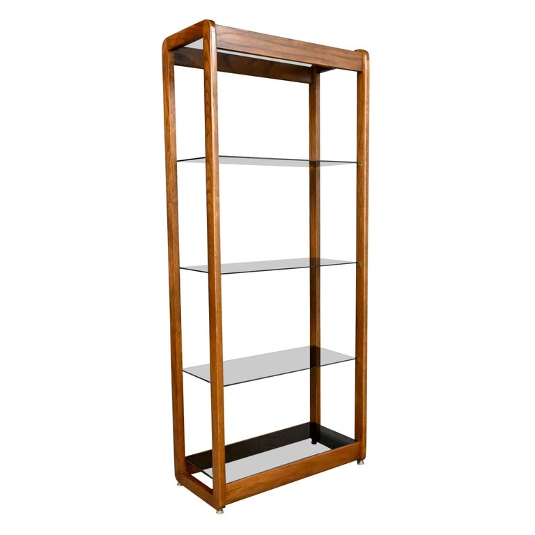 Mid Century Etagere, Smoked Glass Shelves with Rounded Wood Frame