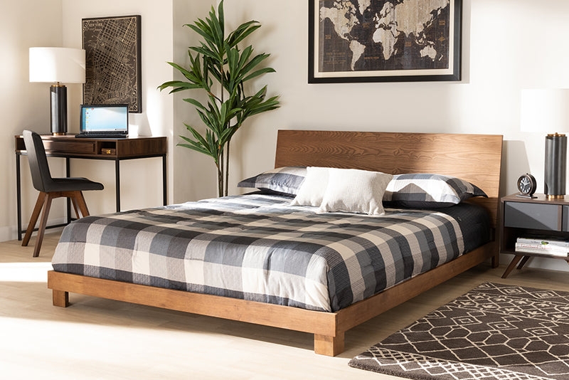 Mid-Century King Platform Bed Walnut Brown Wood Low Profile Frame