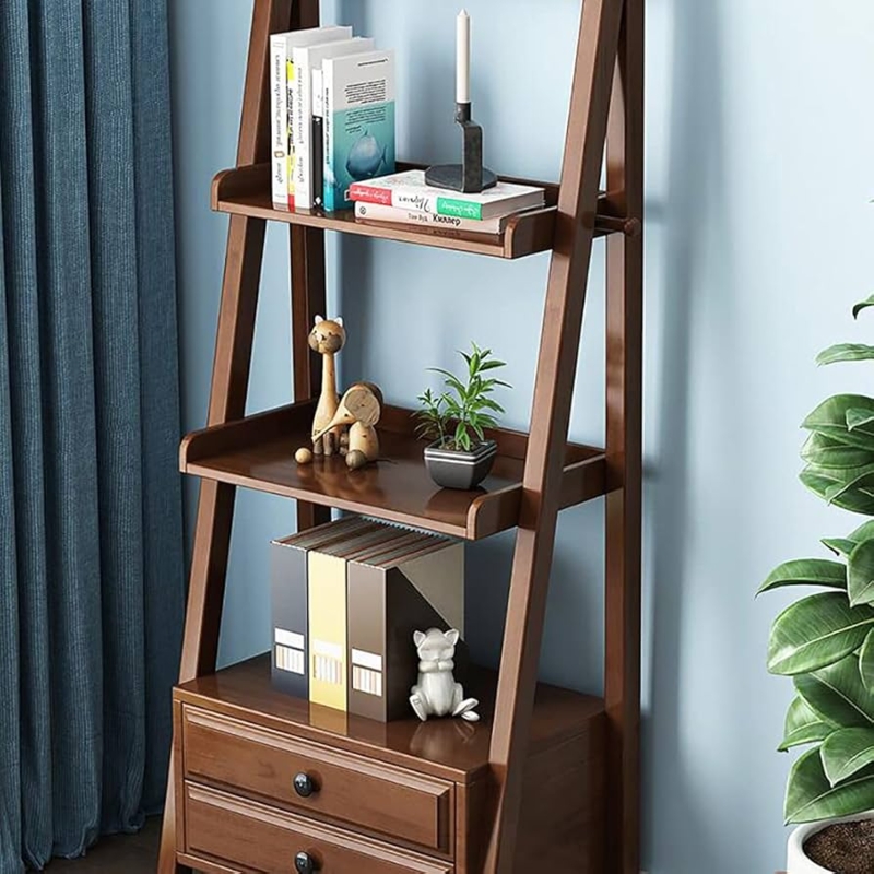 Mid-Century Ladder Bookshelf Dark Walnut Lipped Shelves Two Drawers