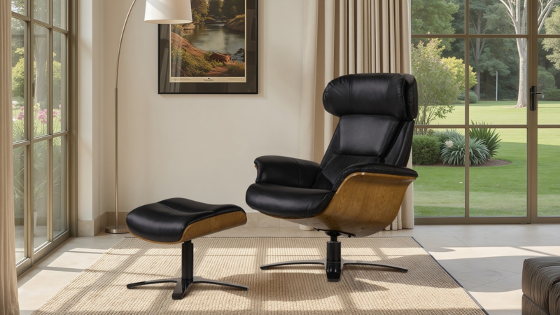 Mid-Century Leather Recliner Set Bentwood Shell Charcoal Star Swivel Base