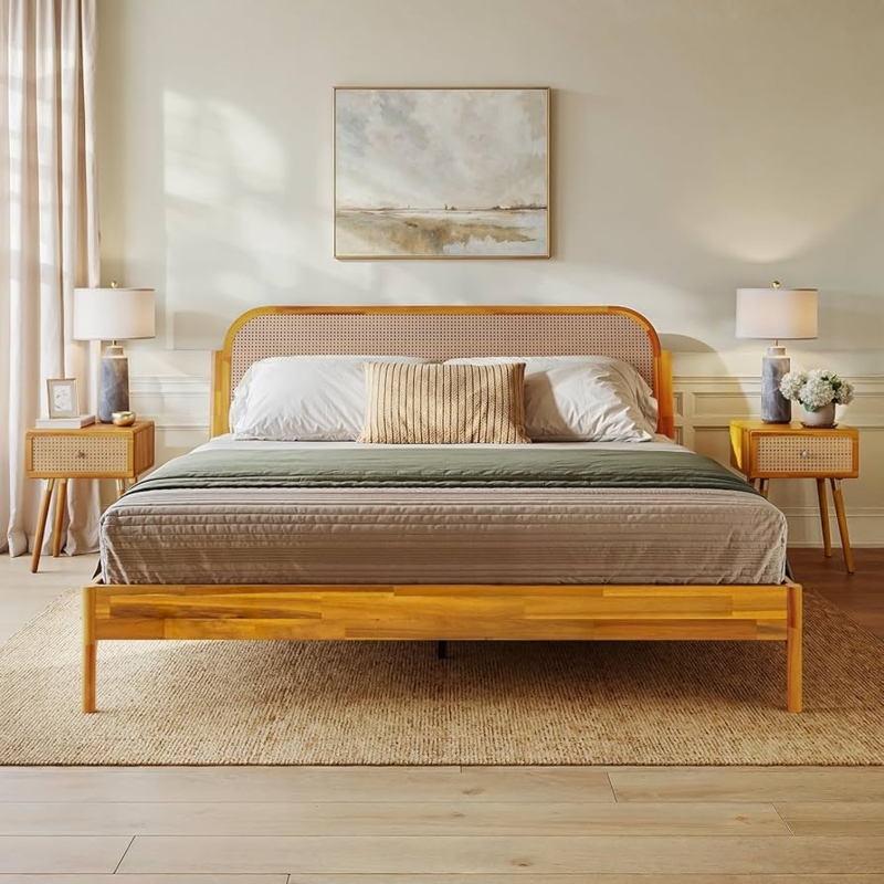 Mid Century Modern Bed with Curved Rattan Headboard and Tapered Legs