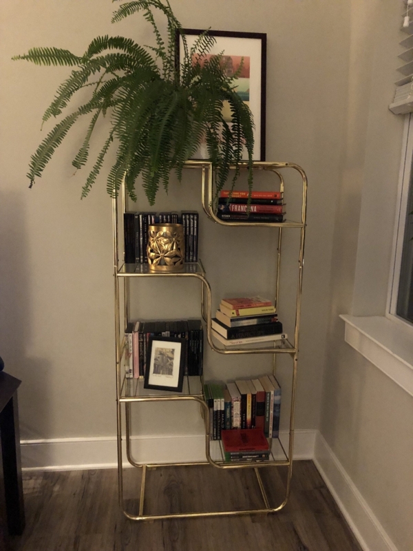Mid Century Modern Etagere, Rounded Brass Corners, Staggered Shelves