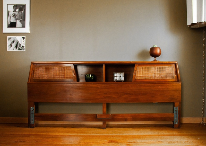 Mid-Century Modern Headboard with Woven Cane Sliding Panels